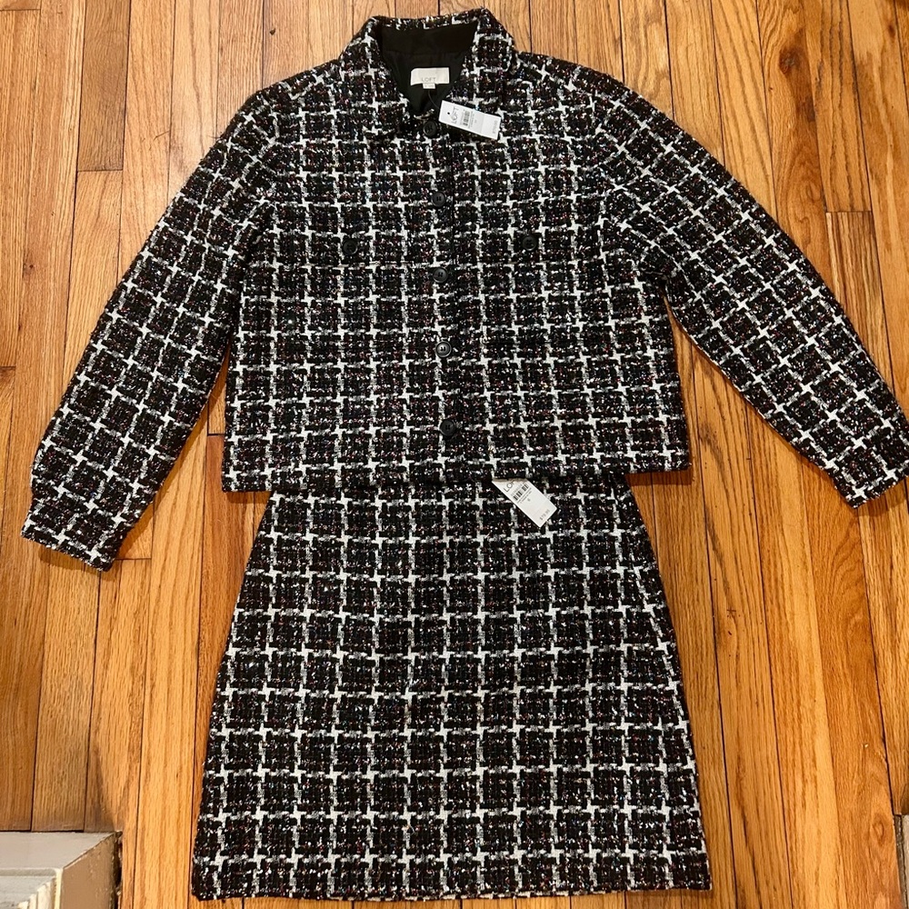 Loft Women's Black and White Tweed Jacket and Skirt Set with sparkle detail